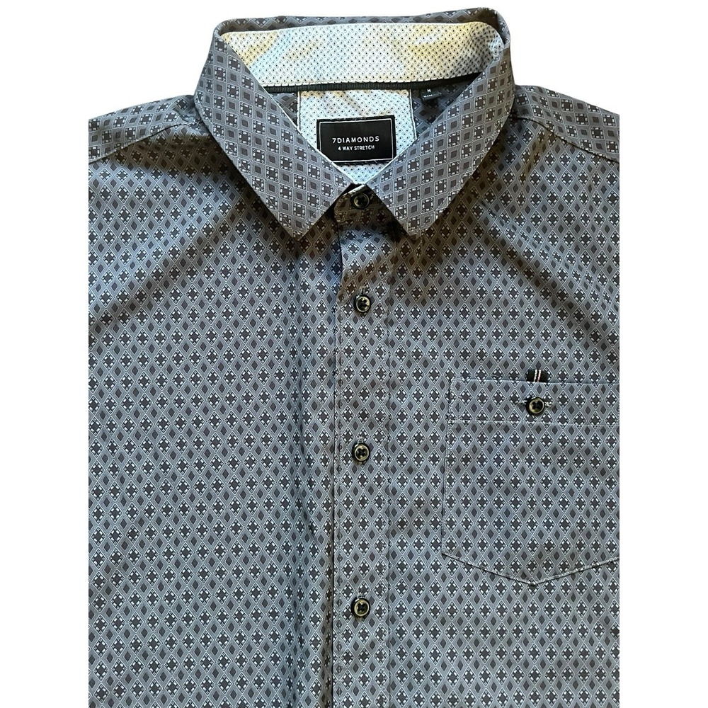 7 Diamonds S/S Button Down Shirt Black Diamond Print 4 Way Stretch, Medium